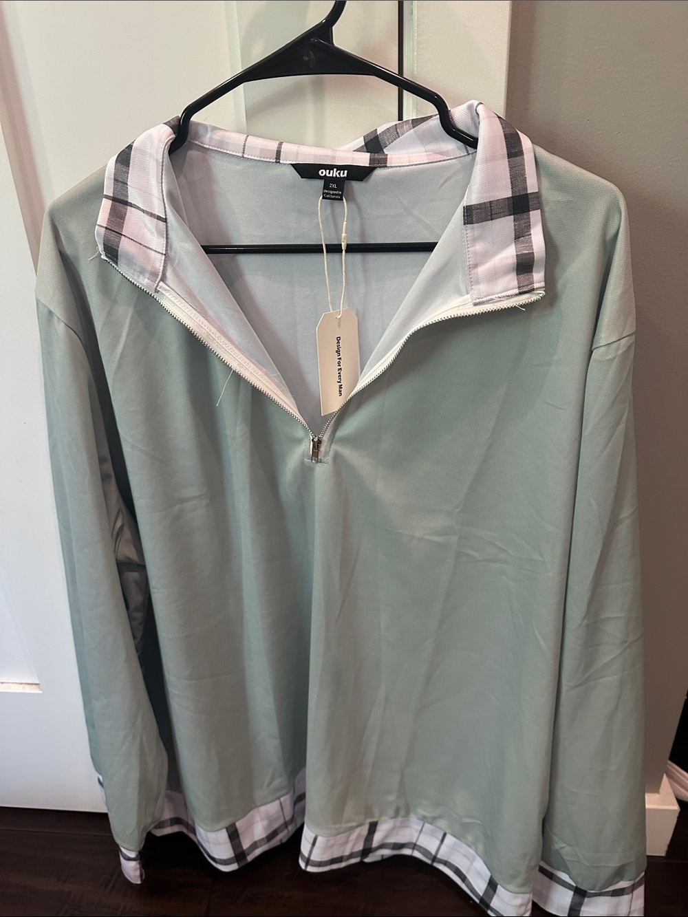 Ouku Men's Mint Green Quarter-Zip Shirt with Plaid Trim